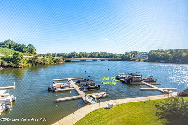 dock area featuring a water view