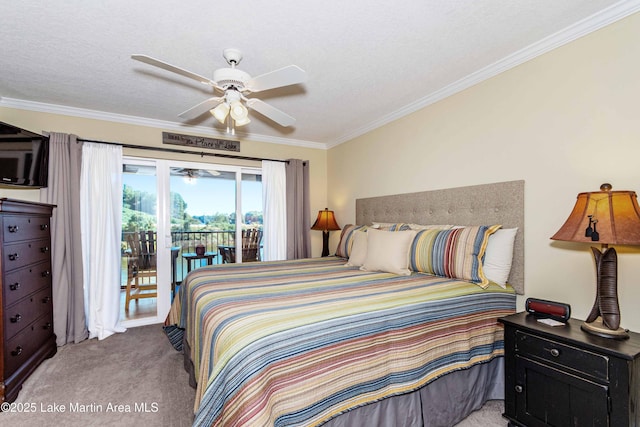 carpeted bedroom with crown molding, ceiling fan, and access to exterior