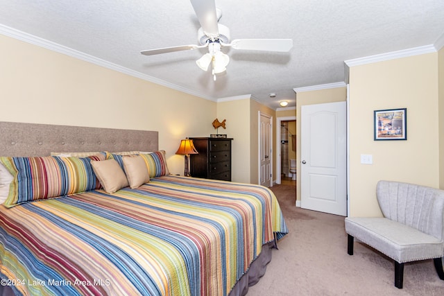 bedroom with ceiling fan, light colored carpet, a textured ceiling, and ornamental molding