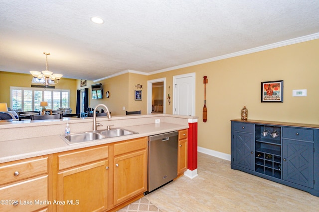 kitchen with stainless steel dishwasher, ornamental molding, sink, decorative light fixtures, and a chandelier