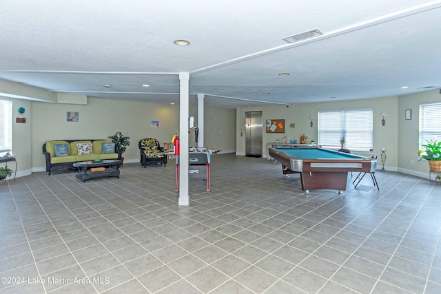 recreation room with light tile patterned flooring, pool table, baseboards, visible vents, and recessed lighting