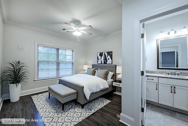 bedroom featuring crown molding, sink, ceiling fan, and dark hardwood / wood-style floors