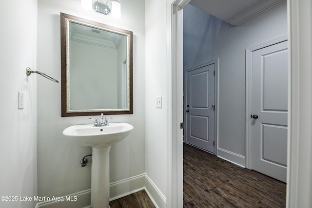 bathroom featuring sink, crown molding, and wood-type flooring