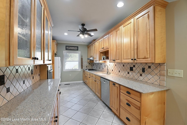 kitchen featuring stainless steel dishwasher, light stone counters, ornamental molding, and sink