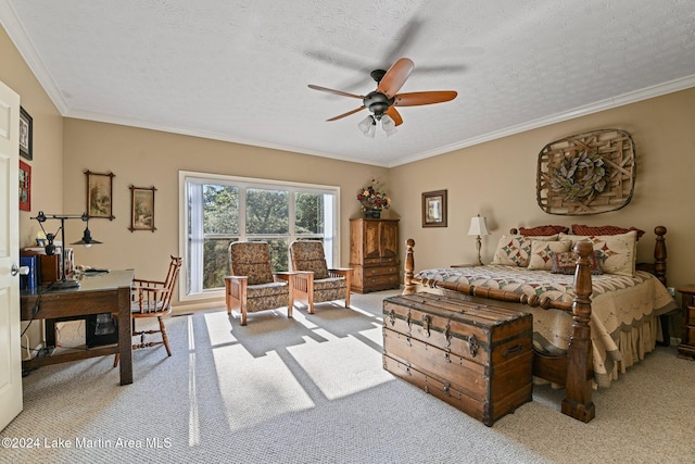 bedroom with ceiling fan, light colored carpet, a textured ceiling, and ornamental molding