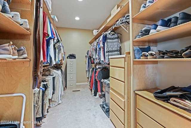 walk in closet with light carpet