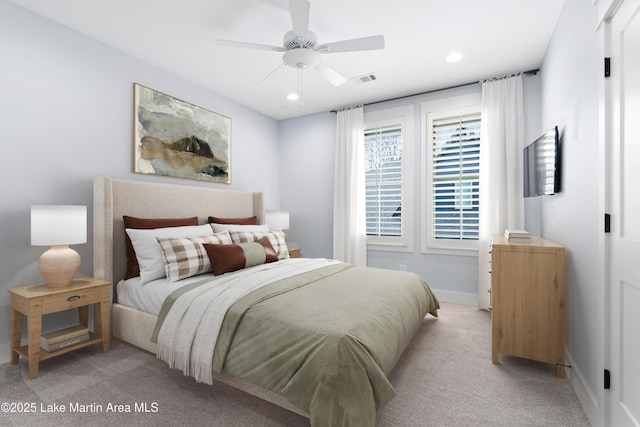 1412 Annalue Dr, Auburn, AL 36830 - bedroom featuring light colored carpet, recessed lighting, baseboards, and a ceiling fan