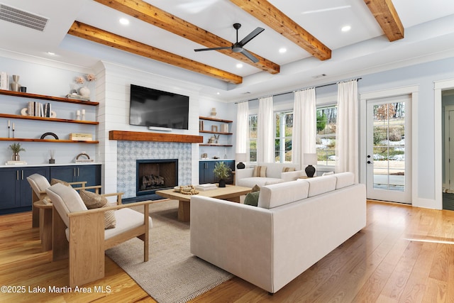 1412 Annalue Dr, Auburn, AL 36830 - living area featuring ceiling fan, light wood finished floors, beam ceiling, recessed lighting, and a large fireplace