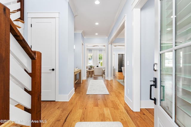 1412 Annalue Dr, Auburn, AL 36830 - foyer featuring ornamental molding, light wood-type flooring, stairway, baseboards, and recessed lighting