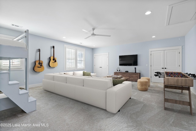 1412 Annalue Dr, Auburn, AL 36830 - living area featuring a ceiling fan, carpet, attic access, recessed lighting, and baseboards