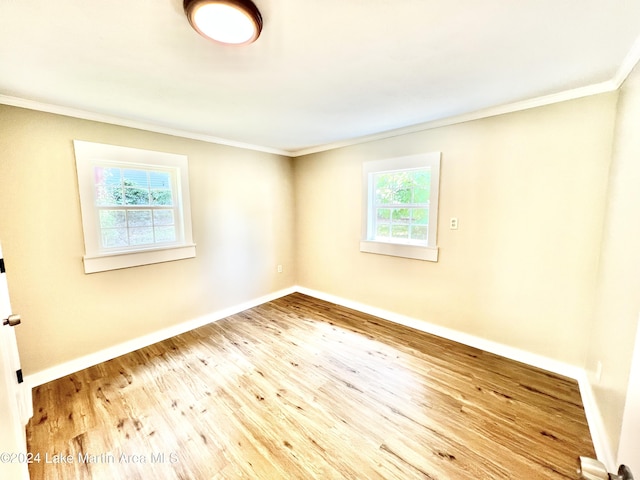 empty room with crown molding, plenty of natural light, and hardwood / wood-style floors