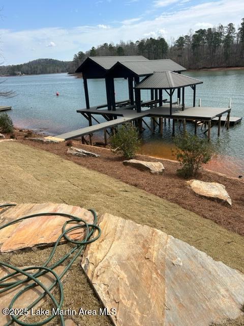 view of dock with a water view and boat lift