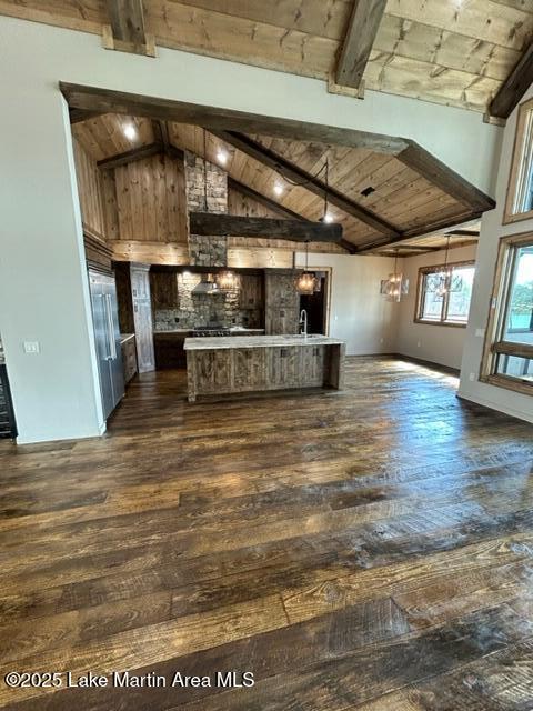 unfurnished living room featuring dark wood-style floors, a sink, high vaulted ceiling, wooden ceiling, and beamed ceiling