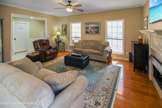 living room with ceiling fan, light wood-type flooring, crown molding, and a fireplace