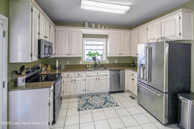 kitchen with appliances with stainless steel finishes, white cabinetry, and sink