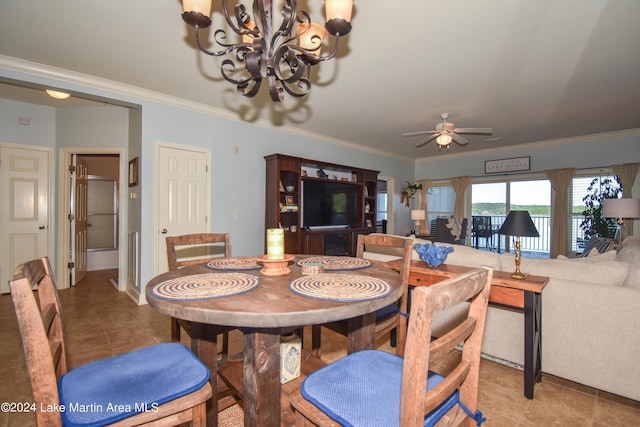 dining room featuring light tile patterned floors, ceiling fan with notable chandelier, and crown molding