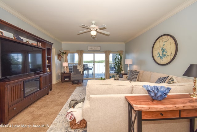 tiled living room with ceiling fan and ornamental molding