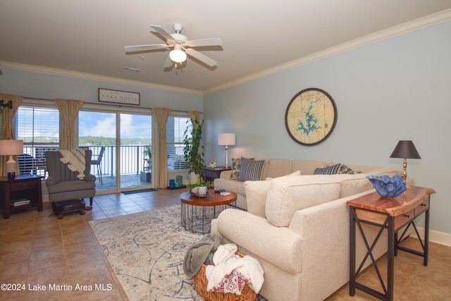 tiled living room featuring ceiling fan and ornamental molding