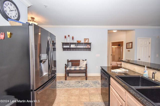 kitchen featuring sink, stainless steel refrigerator with ice dispenser, ornamental molding, black dishwasher, and light brown cabinetry