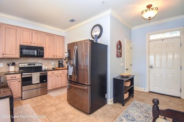 kitchen featuring tasteful backsplash, crown molding, light brown cabinetry, light tile patterned flooring, and appliances with stainless steel finishes