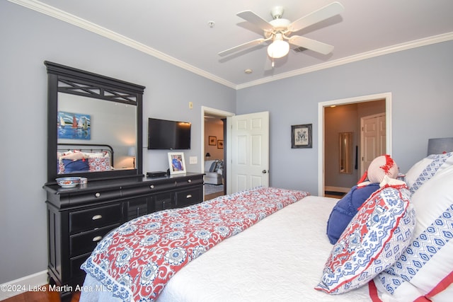 bedroom featuring ceiling fan and crown molding