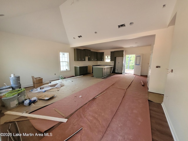 214 Mccain Rd, Eclectic, AL 36024 - unfurnished living room with high vaulted ceiling, healthy amount of natural light, and light wood-style floors