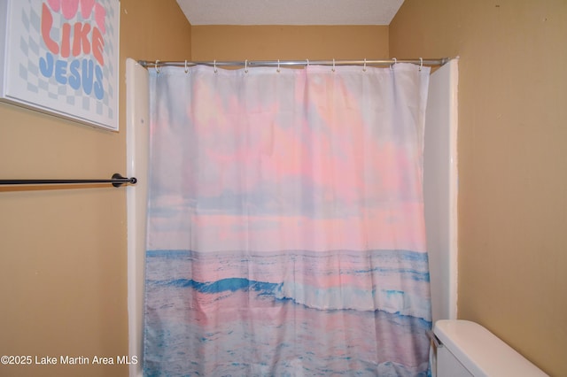 bathroom featuring a shower with curtain and toilet