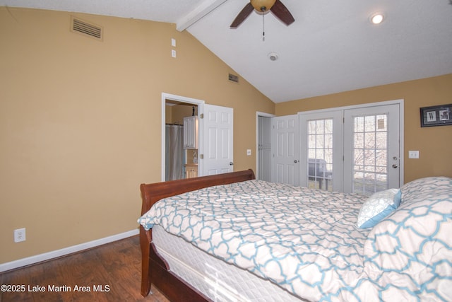 bedroom featuring visible vents, beamed ceiling, wood finished floors, and access to outside