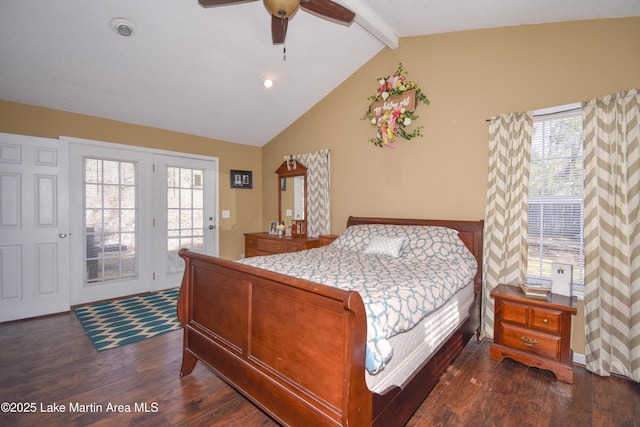 bedroom featuring access to exterior, lofted ceiling with beams, a ceiling fan, and dark wood-style flooring