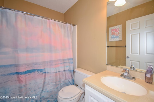 bathroom featuring toilet, vanity, and a shower with curtain