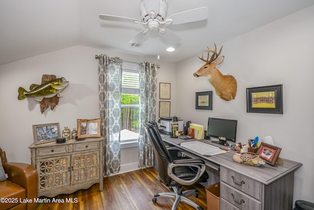 24 Hideaway Cir, Jacksons Gap, AL 36861 - office with visible vents, ceiling fan, wood finished floors, and lofted ceiling