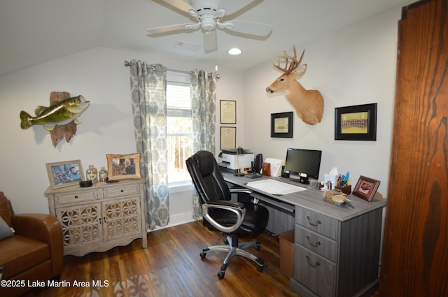 office space with lofted ceiling, dark hardwood / wood-style floors, and ceiling fan