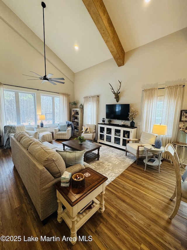 living room featuring beam ceiling, ceiling fan, dark wood-type flooring, and high vaulted ceiling