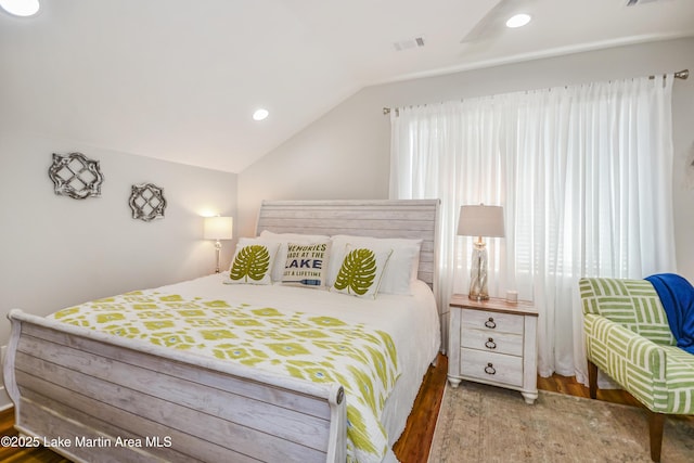 24 Hideaway Cir, Jacksons Gap, AL 36861 - bedroom with visible vents, recessed lighting, lofted ceiling, and wood finished floors