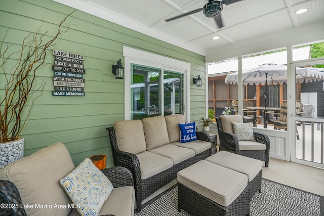 24 Hideaway Cir, Jacksons Gap, AL 36861 - sunroom featuring an outdoor living space, a ceiling fan, beam ceiling, and coffered ceiling