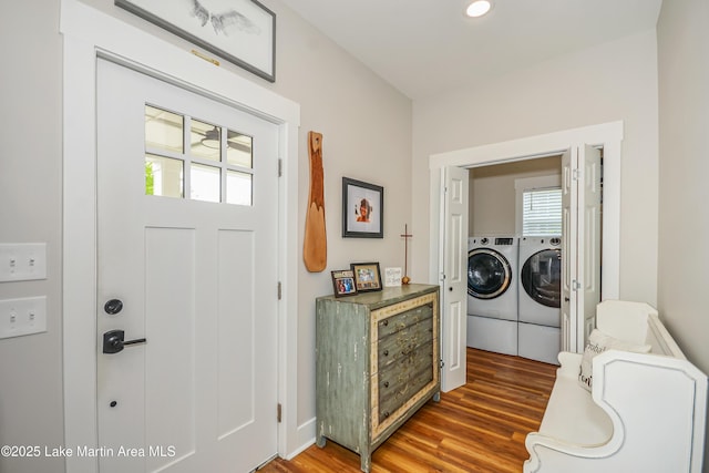 24 Hideaway Cir, Jacksons Gap, AL 36861 - laundry room featuring laundry area, recessed lighting, wood finished floors, and washer and clothes dryer