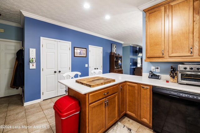 kitchen with dishwasher, kitchen peninsula, a textured ceiling, light tile patterned floors, and ornamental molding