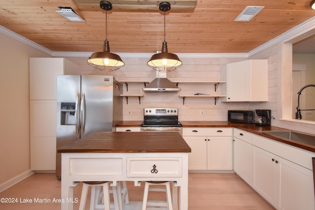 kitchen with wood ceiling, butcher block counters, stainless steel appliances, pendant lighting, and sink