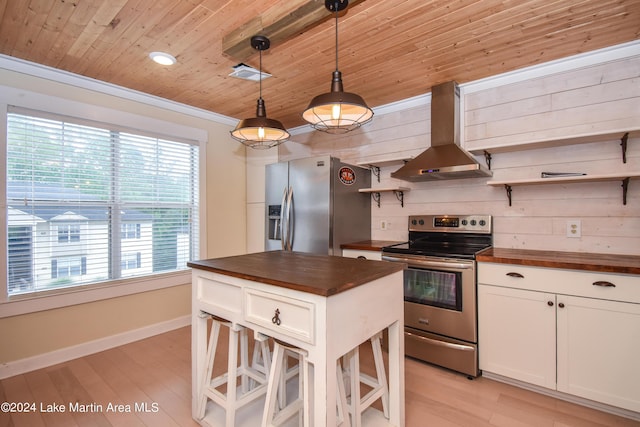 kitchen featuring butcher block counters, appliances with stainless steel finishes, wall chimney range hood, pendant lighting, and white cabinets