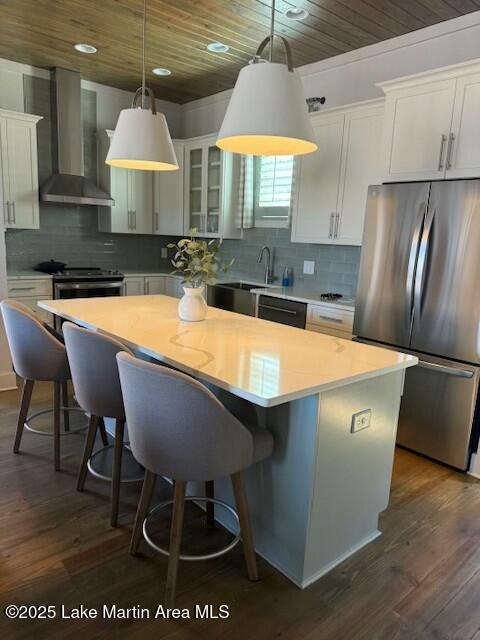 kitchen with a center island, dark wood-style flooring, appliances with stainless steel finishes, wood ceiling, and wall chimney range hood