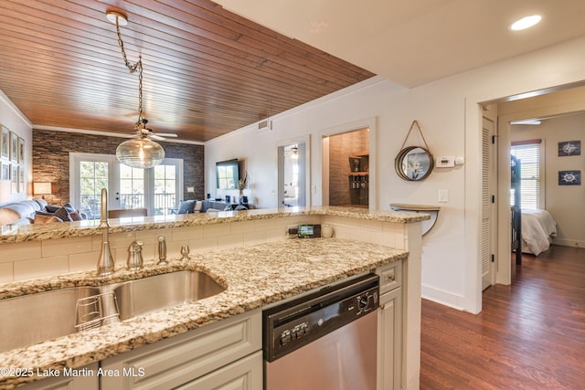 110 Village Loop Unit A103, Dadeville, AL 36853 - kitchen with dishwasher, open floor plan, dark wood-style flooring, wood ceiling, and a ceiling fan