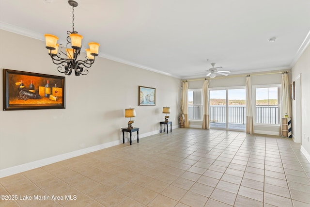 90 Crowne Pointe Rd, Dadeville, AL 36853 - interior space featuring a water view, baseboards, ornamental molding, ceiling fan with notable chandelier, and light tile patterned floors