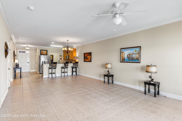 90 Crowne Pointe Rd, Dadeville, AL 36853 - living area featuring baseboards, ornamental molding, light tile patterned floors, and ceiling fan with notable chandelier