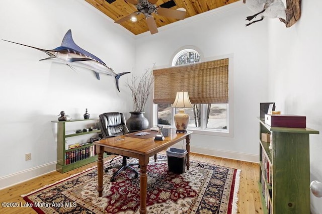 1689 River Oaks Dr, Jacksons Gap, AL 36861 - office area with wooden ceiling, a ceiling fan, baseboards, wood finished floors, and ornamental molding