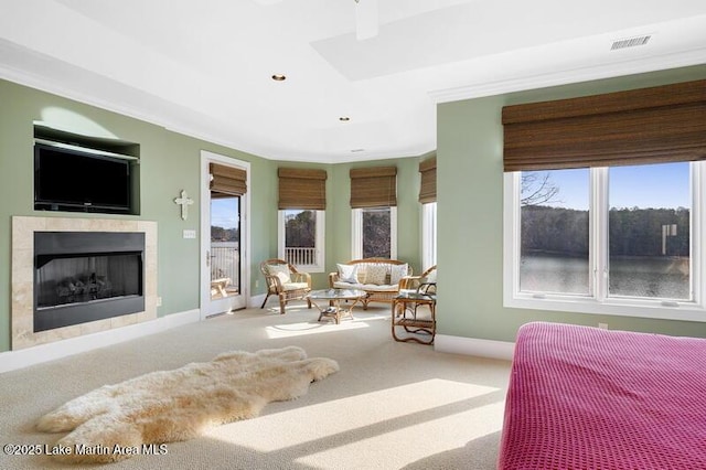 1689 River Oaks Dr, Jacksons Gap, AL 36861 - bedroom with multiple windows, carpet, baseboards, a fireplace, and recessed lighting