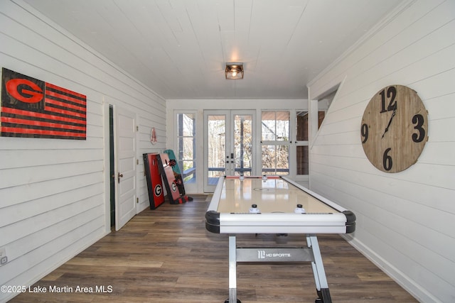 playroom featuring dark hardwood / wood-style flooring and french doors