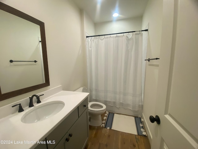 bathroom with vanity, wood-type flooring, and toilet