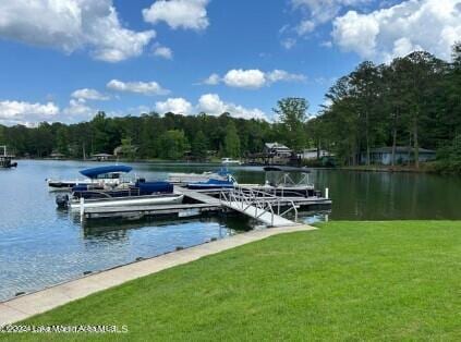 dock area with a yard and a water view