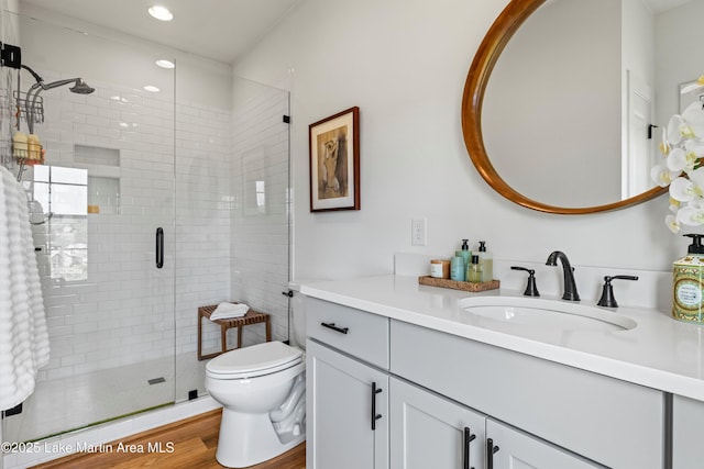 224 Village Trl, Dadeville, AL 36853 - full bathroom with vanity, toilet, a stall shower, wood finished floors, and recessed lighting