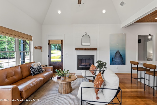 224 Village Trl, Dadeville, AL 36853 - living area featuring wood finished floors, a fireplace, high vaulted ceiling, recessed lighting, and baseboards